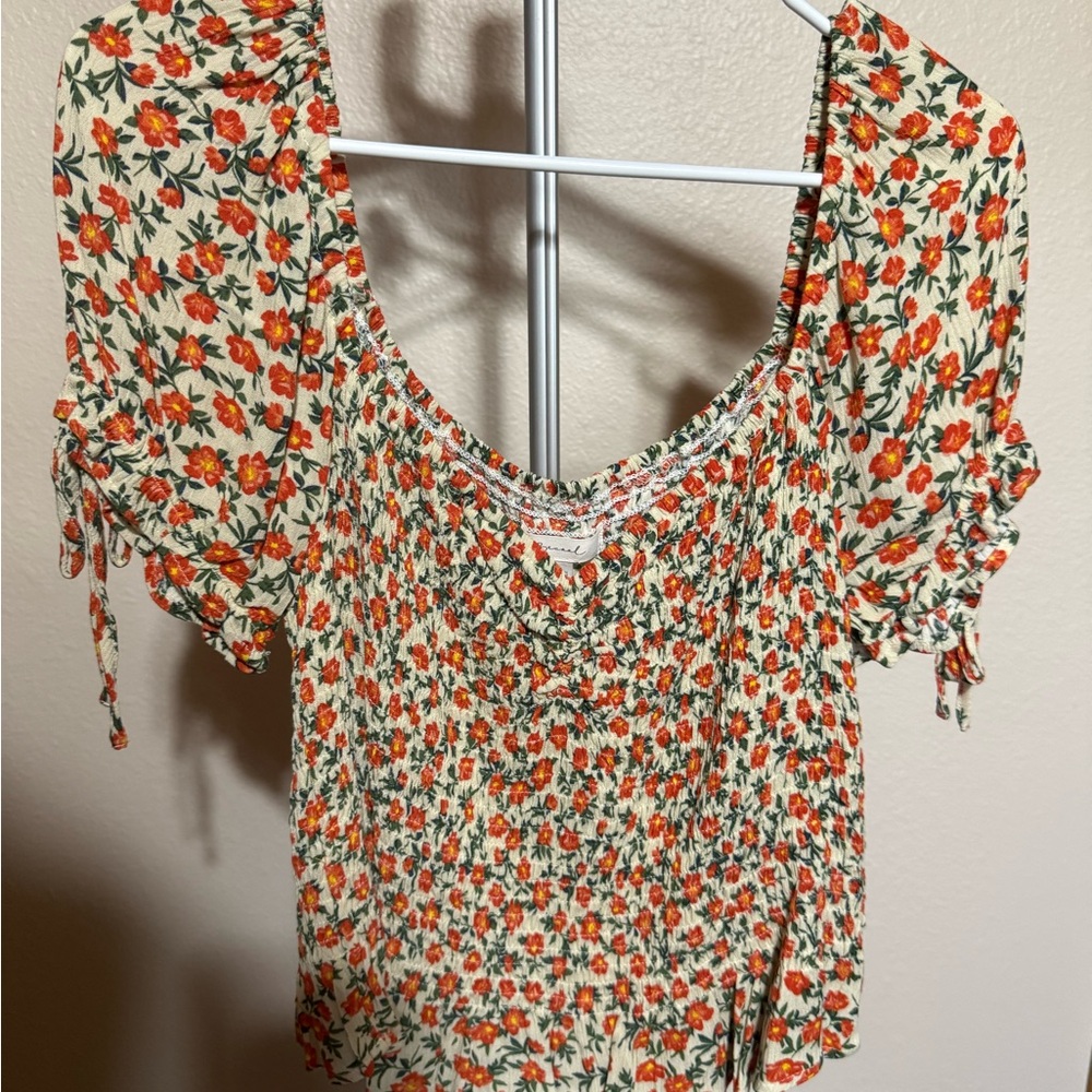 Floral Print Blouse with Red and‎ Green Accents